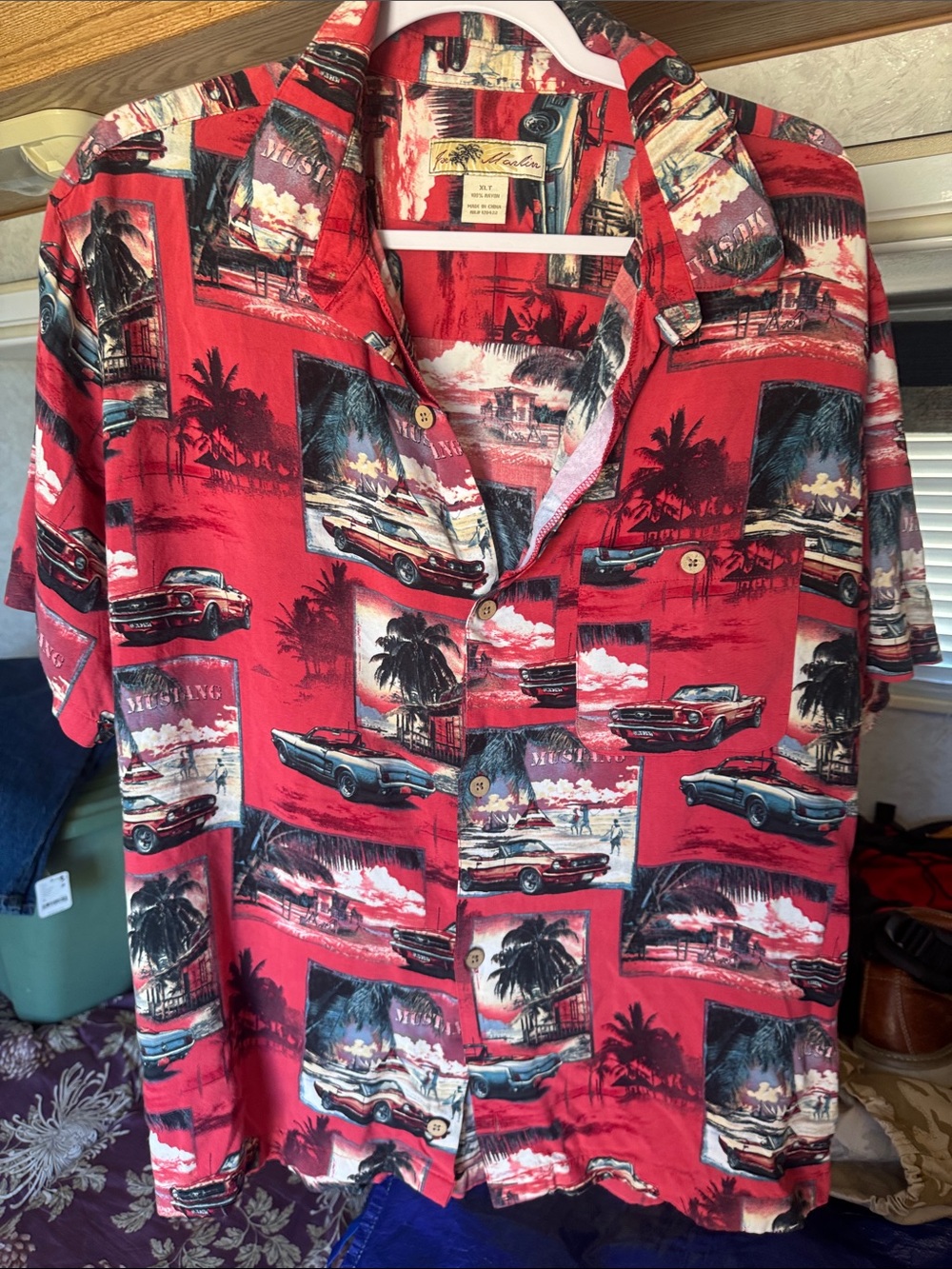 Vintage-Inspired Red Hawaiian Button-Down Shirt with Car Print
